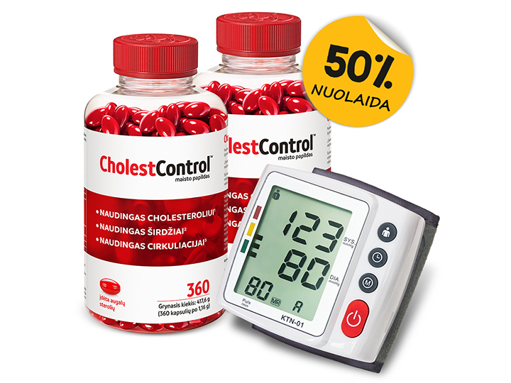 Natural Pharmaceuticals „CholestControl™“ Du skaidrūs plastikiniai indeliai su raudonomis kapsulėmis, kuriose yra maisto papildas „CholestControl™“, su raudonomis užsukamomis dangtelėmis. Dešiniame viršutiniame kampe yra geltona lipdukas su juodu užrašu „50 % nuolaida“. Dešiniame apatiniame kampe yra apvalus paveikslėlis su papuošalų komplektu: sidabrinė grandinėlė ir auskarai su mėlynais akmenimis.