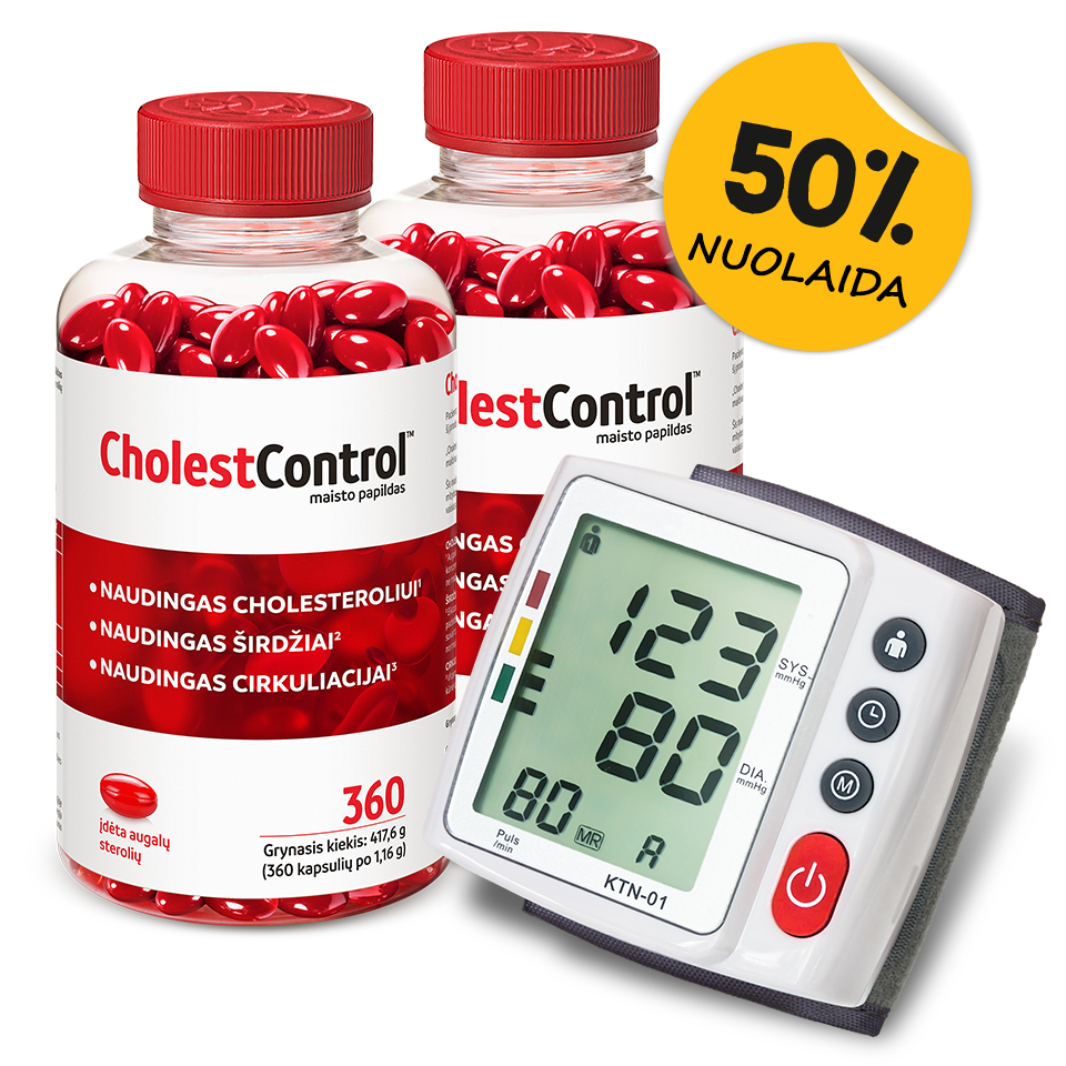 Natural Pharmaceuticals „CholestControl™“ Du skaidrūs plastikiniai indeliai su raudonomis kapsulėmis, kuriose yra maisto papildas „CholestControl™“, su raudonomis užsukamomis dangtelėmis. Dešiniame viršutiniame kampe yra geltona lipdukas su juodu užrašu „50 % nuolaida“. Dešiniame apatiniame kampe yra apvalus paveikslėlis su papuošalų komplektu: sidabrinė grandinėlė ir auskarai su mėlynais akmenimis.